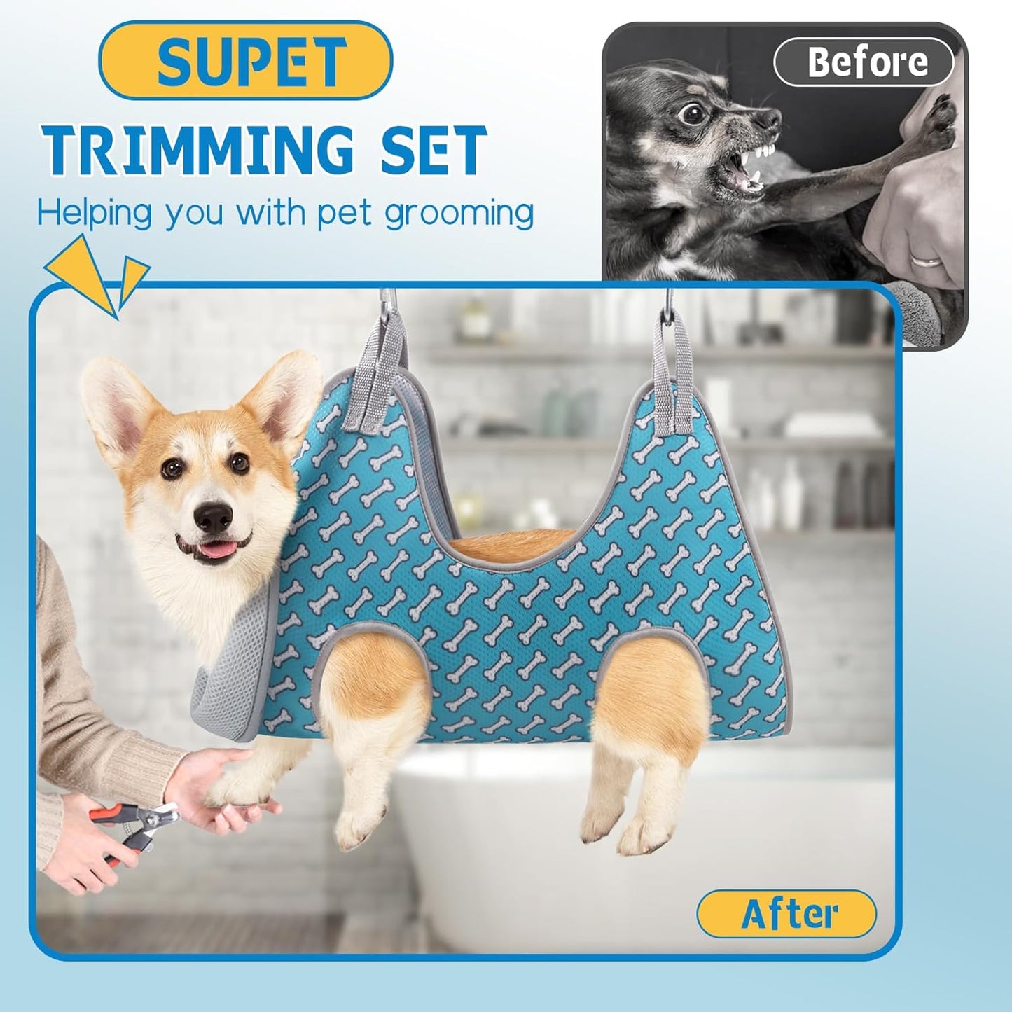 Dog Grooming Hammock Harness for Cats Dogs, Relaxation Pet Grooming Hammock Restraint Dog & Small Animal Leashes Sling Fo (Coral Blue, M（ Legs Spacing：9"-12.5" / Max W：50LBS ）)